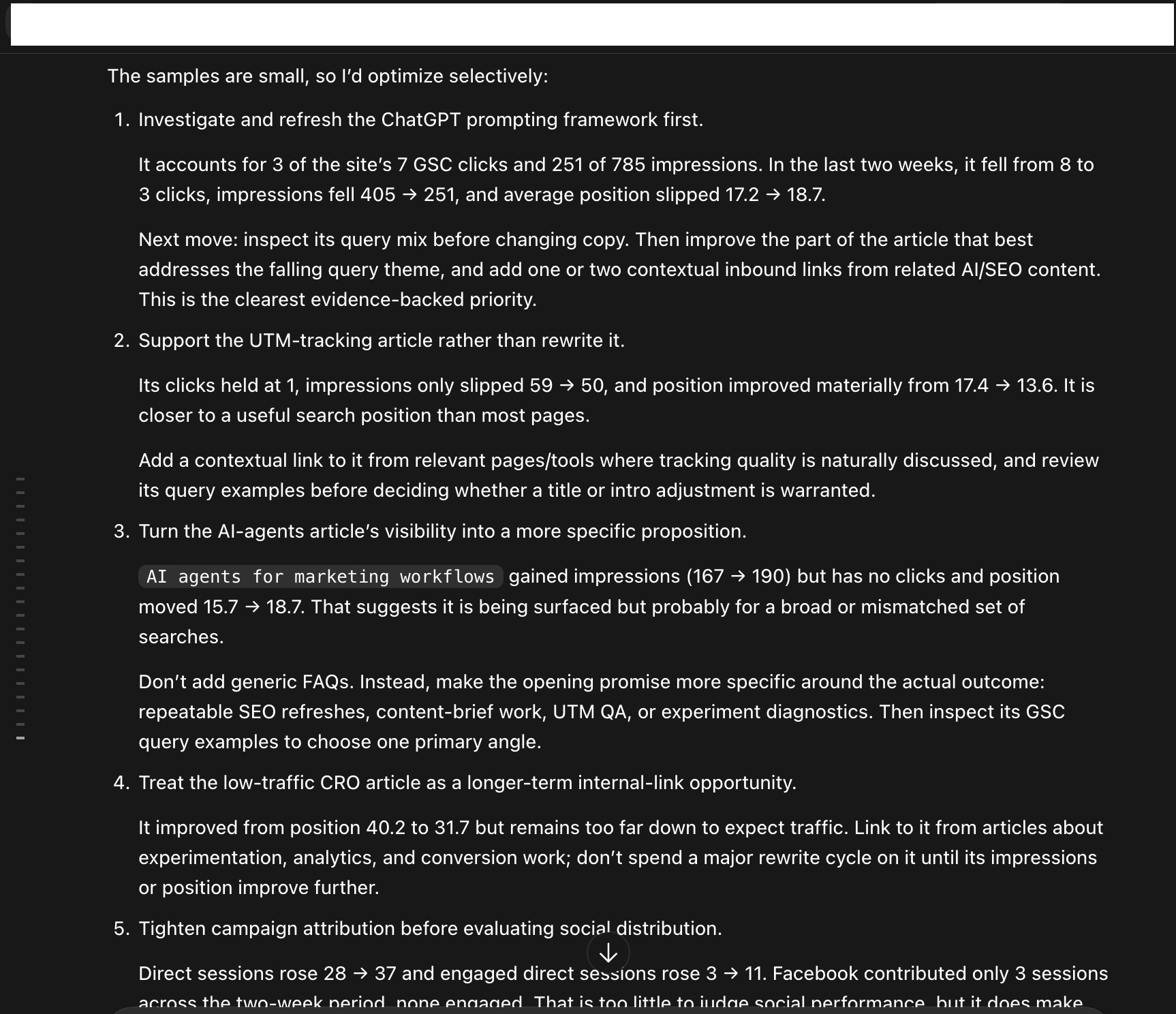 An example Site Signal report prioritising content investigations with evidence and next-step guidance.